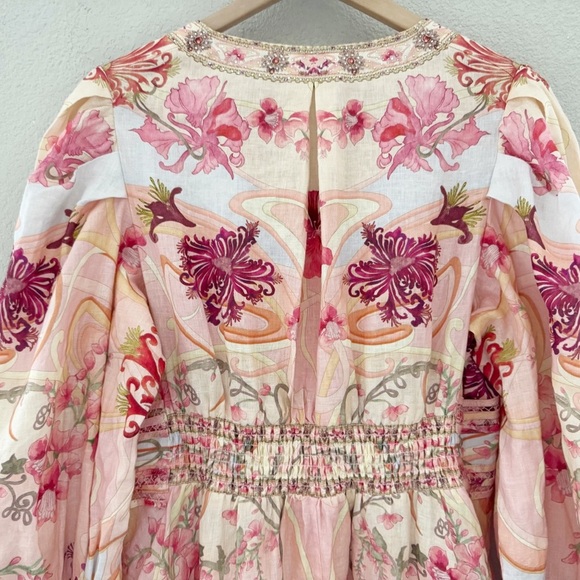 Camilla Shaped Waistband Maxi Dress Blossoms Brushstrokes Linen Romantic Pink L - Picture 13 of 16